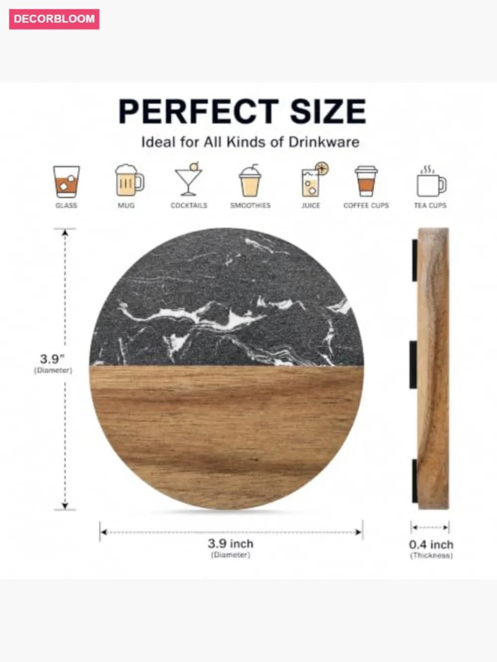 6 Pc Round Wood Coasters Set for Drinks, Coffee, Tea, Wine - Handcrafted